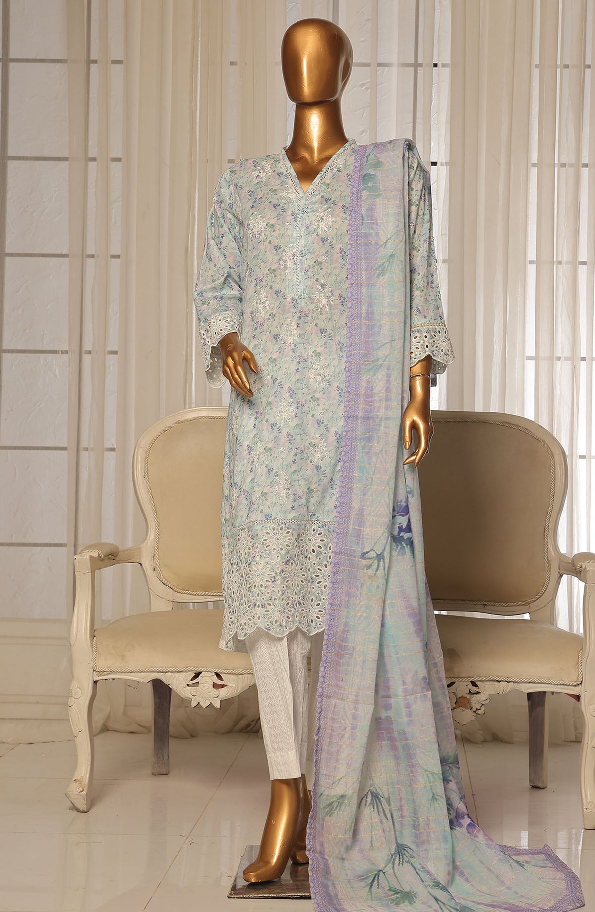 Bin Saeed Chikankari Stitched 3 Piece Suit - D-07 - BS25WNWC - Blue - Summer Collection