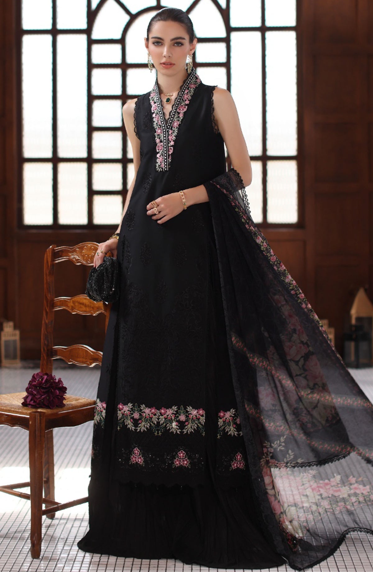 Noor by Saadia Asad Embroidered Lawn Unstitched 3 Piece Suit - D-07 - SA25ELSL - Black - Eid Collection