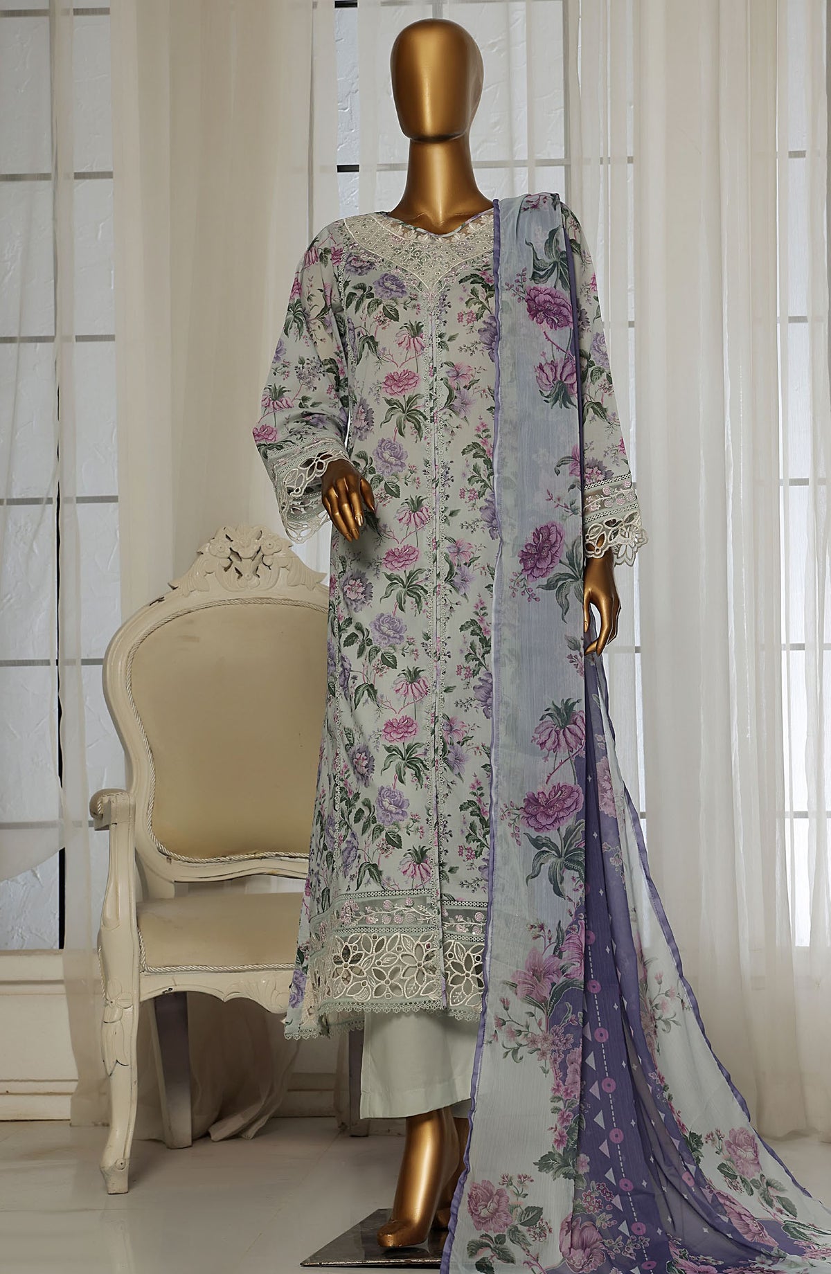 Sadabahar Embroidered Lawn Stitched 3 Piece Suit - D-07 - SBD25FCV2 - Blue - Summer Collection