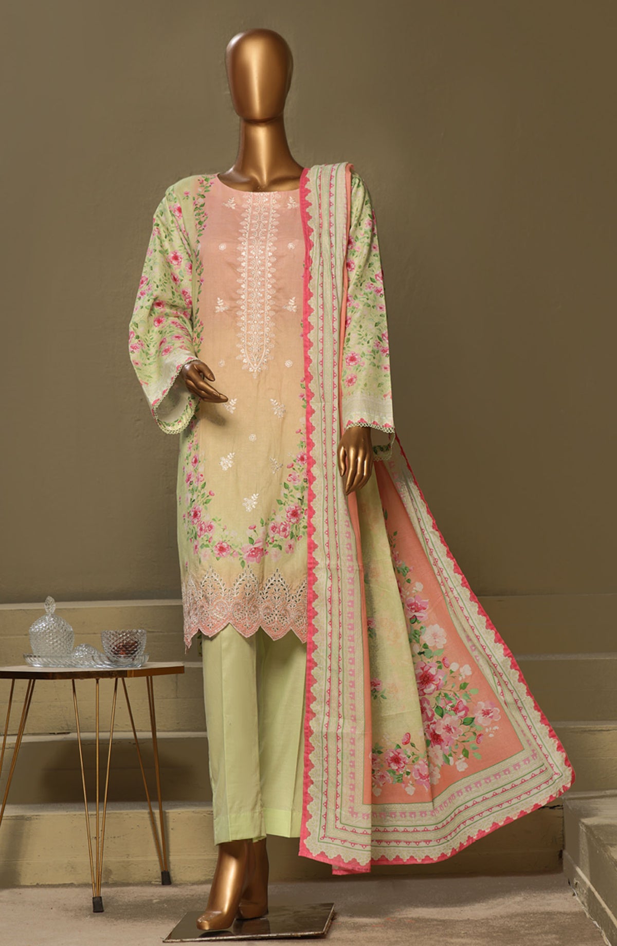 Bin Saeed Chikankari Lawn Stitched 3 Piece Suit - D-08 - BS25LC - Green - Summer Collection