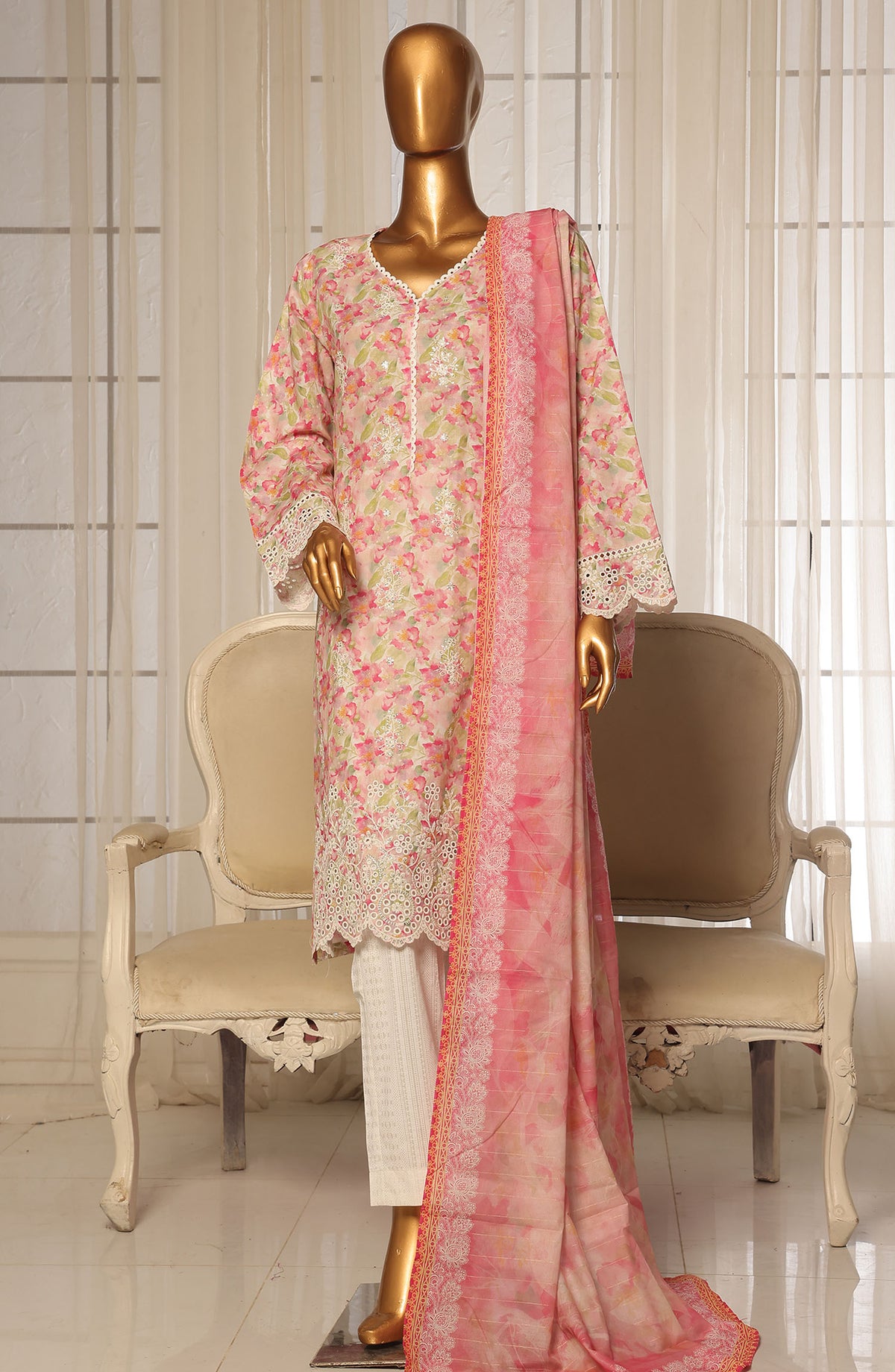 Bin Saeed Chikankari Stitched 3 Piece Suit - D-08 - BS25WNWC - Pink - Summer Collection
