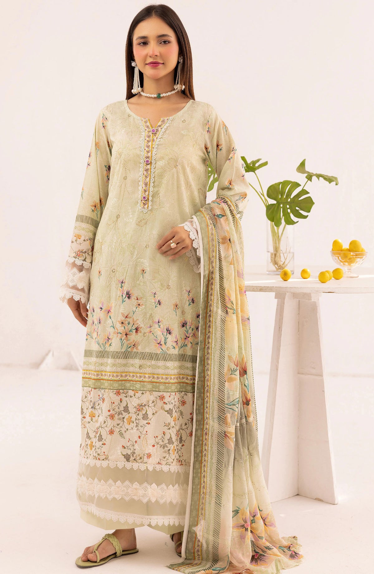 Minha Mahees by Riaz Arts Chikankari Lawn Unstitched 3 Piece Suit - D-08 - RA25MMC - Green - Summer Collection
