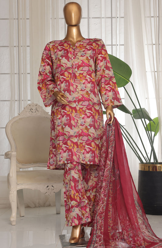 Bin Saeed Chikankari Lawn Stitched 3 Piece Suit - D-09 - BS25ECLV1 - Red - Summer Collection