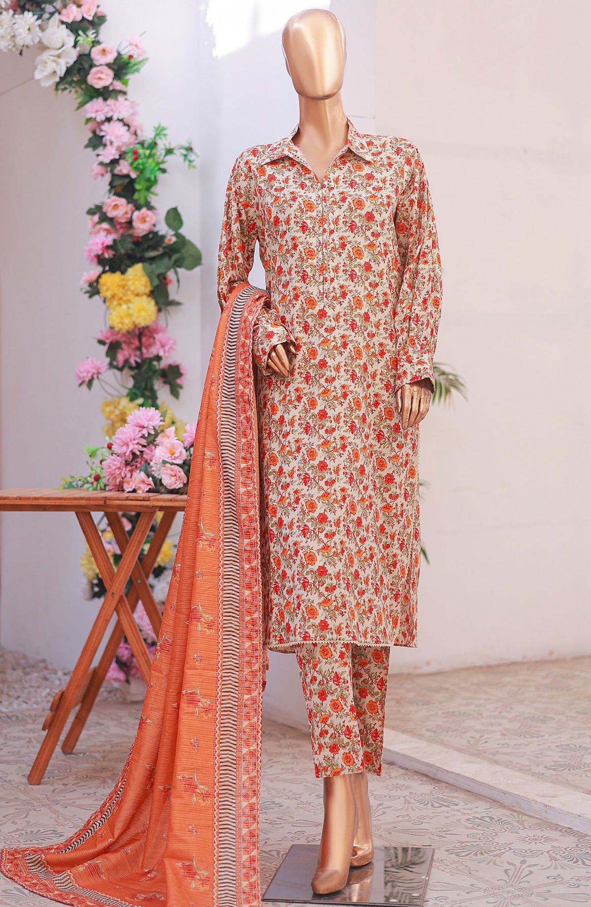 Bin Saeed Printed Lawn Stitched 3 Piece Suit - D-09 - BS25PLV6 - Orange - Summer Collection