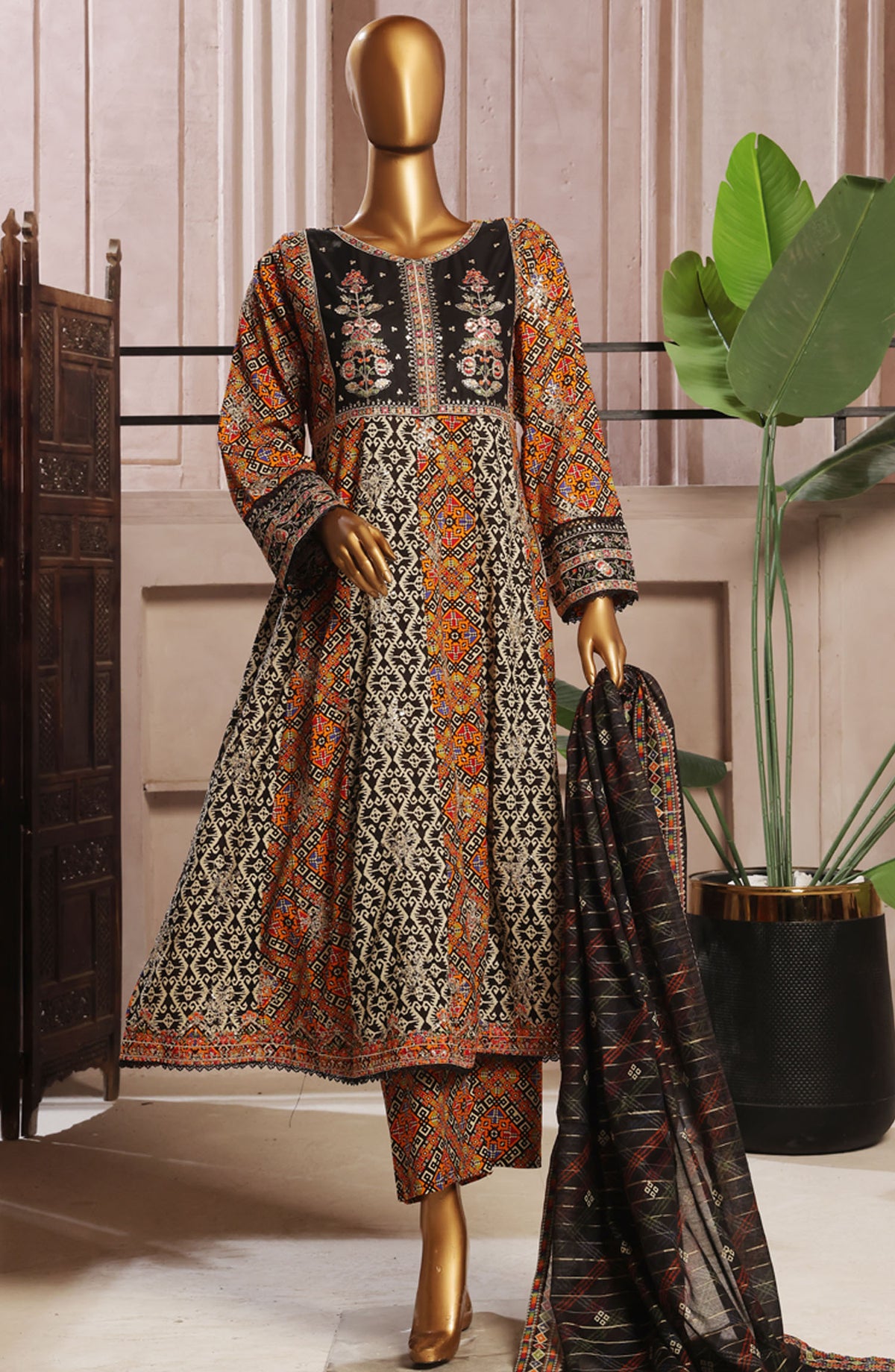 Bin Saeed Embroidered Lawn Stitched 3 Piece Frock - D-10 - BS25ELEF - Orange - Summer Collection
