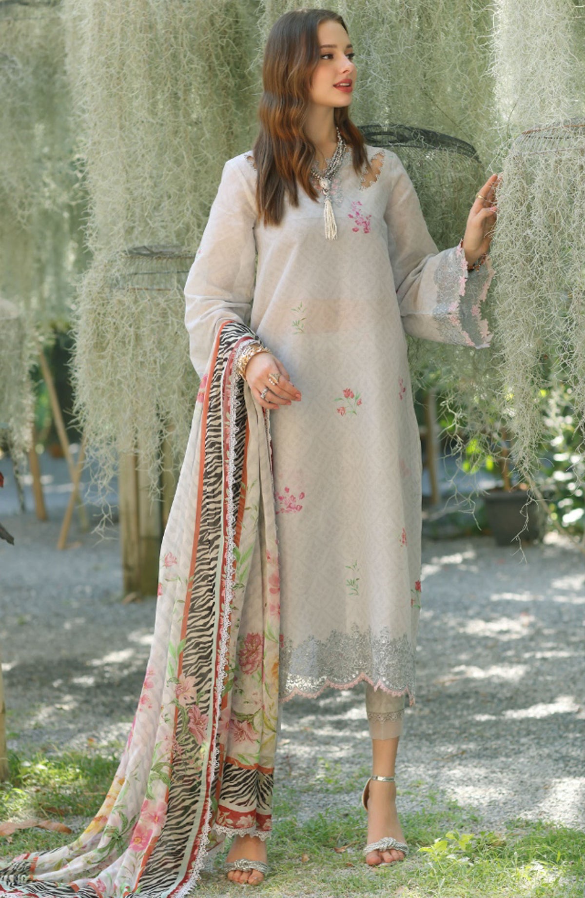 Noor by Saadia Asad Embroidered Lawn Unstitched 3 Piece Suit - D-10 A - SA25NELP - Grey - Summer Collection