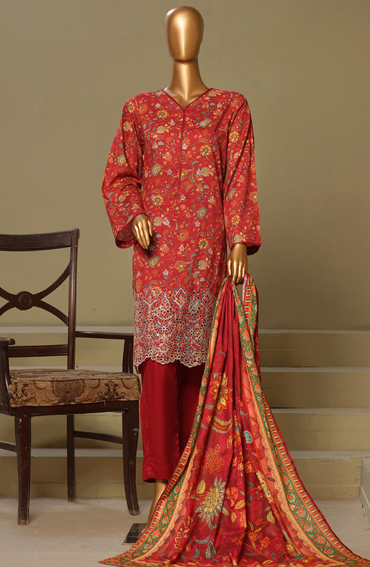 Bin Saeed Chikankari Lawn Stitched 3 Piece Suit - D-12 - BS25LC - Red - Summer Collection
