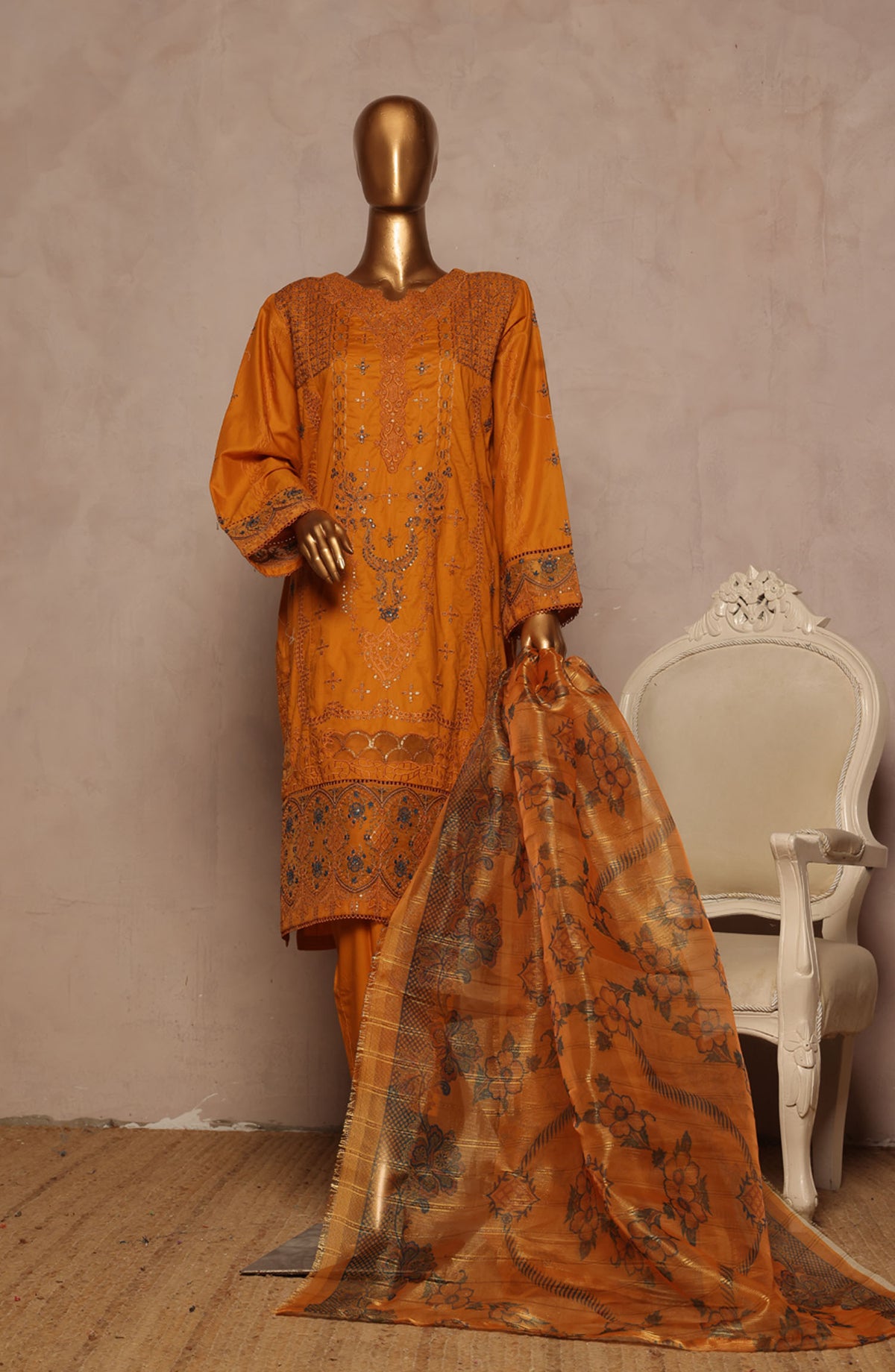 Bin Saeed Embroidered Lawn Stitched 3 Piece Suit - D-13 - BS25LPLV4 - Mustard - Summer Collection