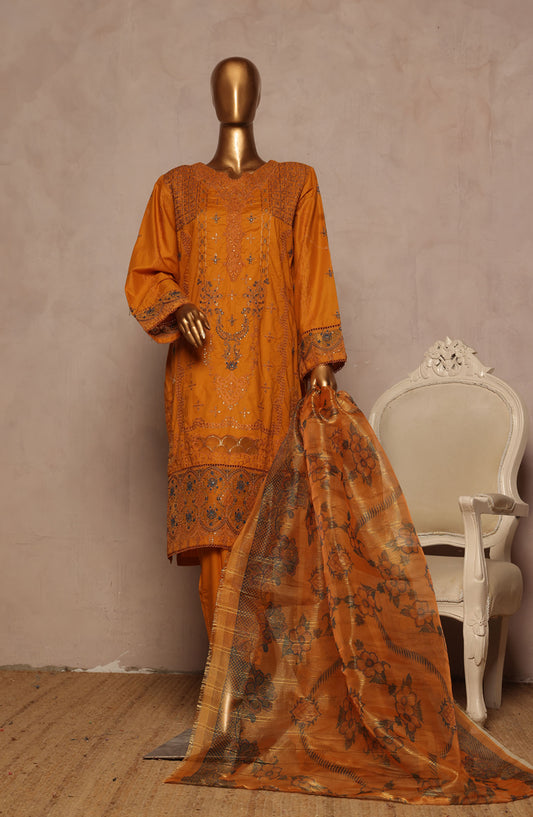 Bin Saeed Embroidered Lawn Stitched 3 Piece Suit - D-13 - BS25LPLV4 - Mustard - Summer Collection