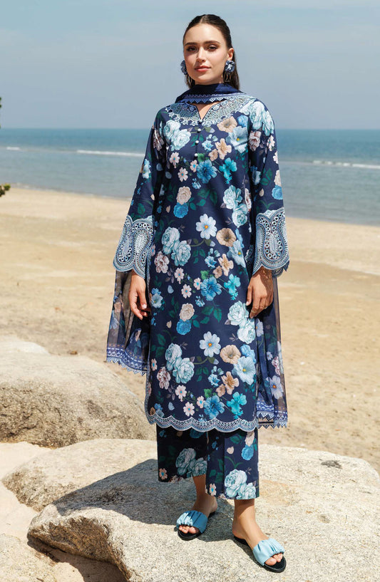 Aurea by Farasha Embroidered Lawn Unstitched 3 Piece Suit - D-13 Floral Blush - FSH25AEL - Blue - Summer Collection