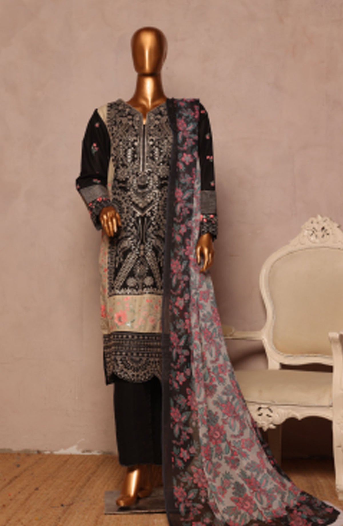Bin Saeed Embroidered Lawn Stitched 3 Piece Suit - D-15 - BS25LPLV4 - Black - Summer Collection