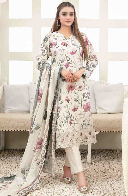 Areeba by Tawakkal Fabric Embroidered Lawn Unstitched 3 Piece Suit - D-1681 - TF25AEL - Off White - Summer Collection
