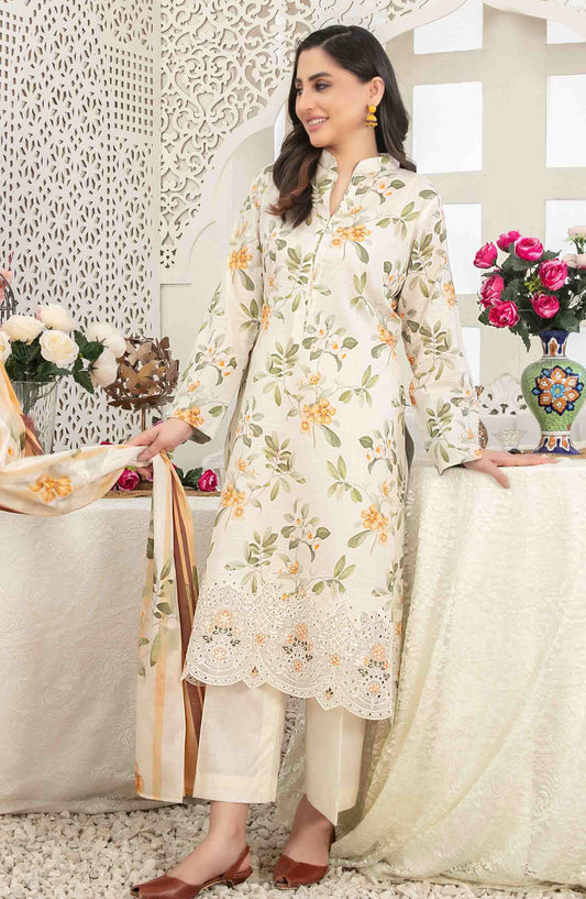 Areeba by Tawakkal Fabric Embroidered Lawn Unstitched 3 Piece Suit - D-1686 - TF25AEL - Off White - Summer Collection