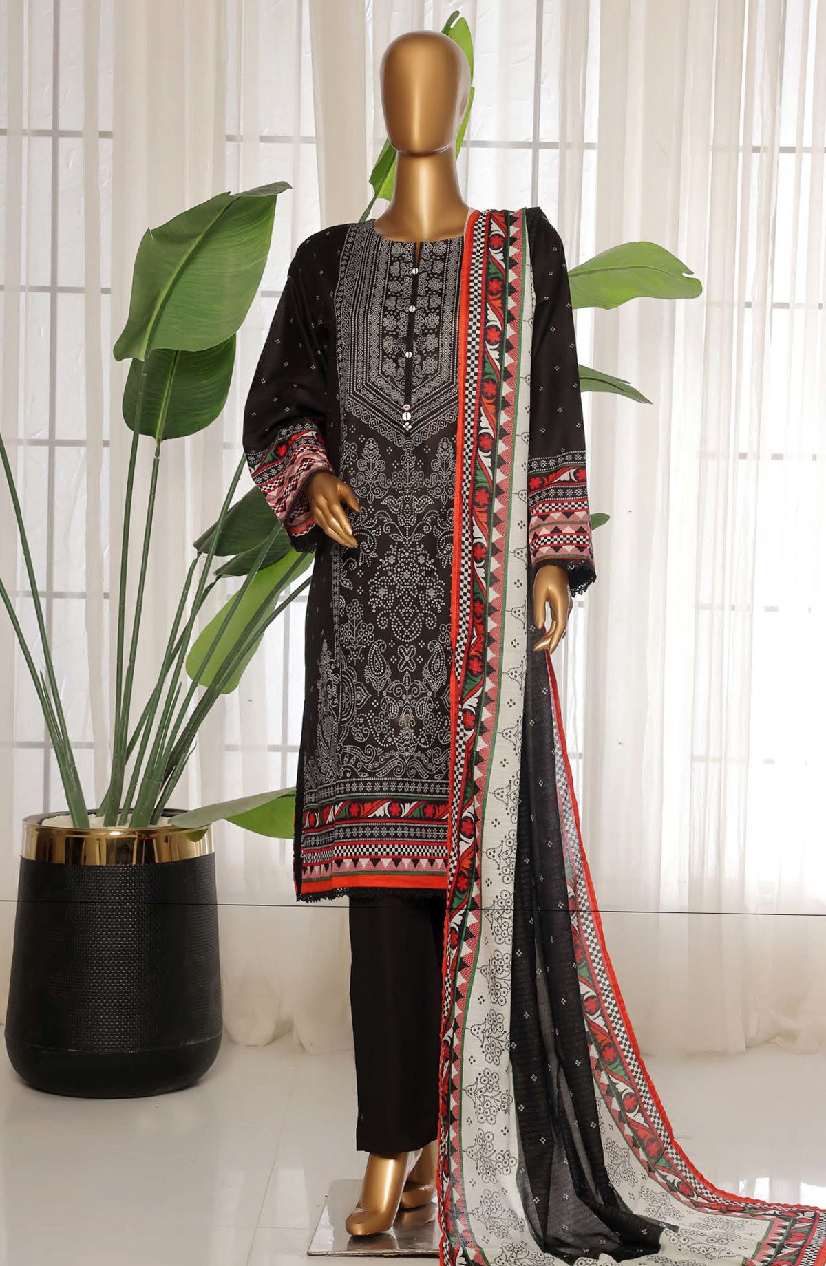 Sadabahar Printed Lawn Stitched 3 Piece Suit - D-19 - SDB25PLV3 - Black - Summer Collection