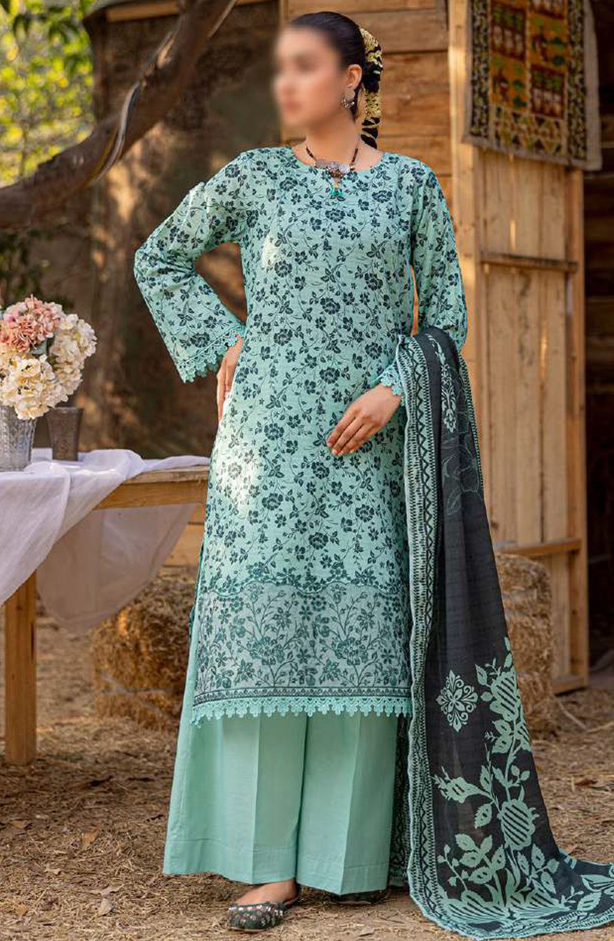 Bloom by Al Karim Embroidered Lawn Unstitched 3 Piece Suit - D-1 - ALK25BELV6 - Green - Summer Collection