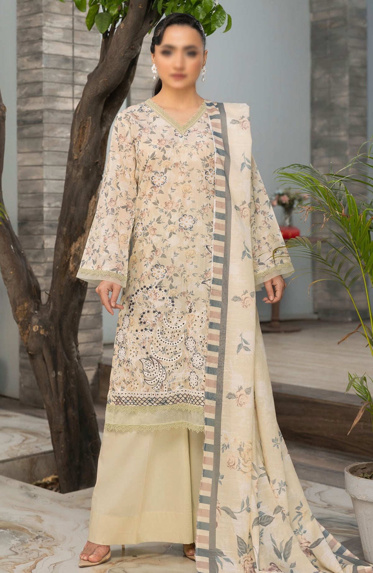 Parisa by Al Karim Embroidered Lawn Unstitched 3 Piece Suit - D-1 - ALK25PELV2 - Off White - Summer Collection