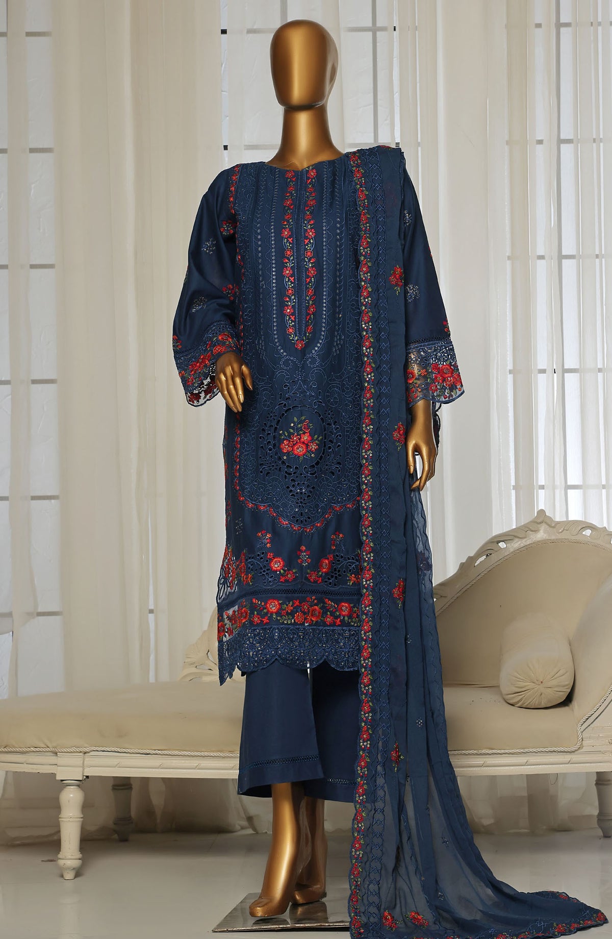 Sadabahar Embroidered Lawn Stitched 3 Piece Suit - D-1 - SDB25LESV4 - Blue - Spring Collection