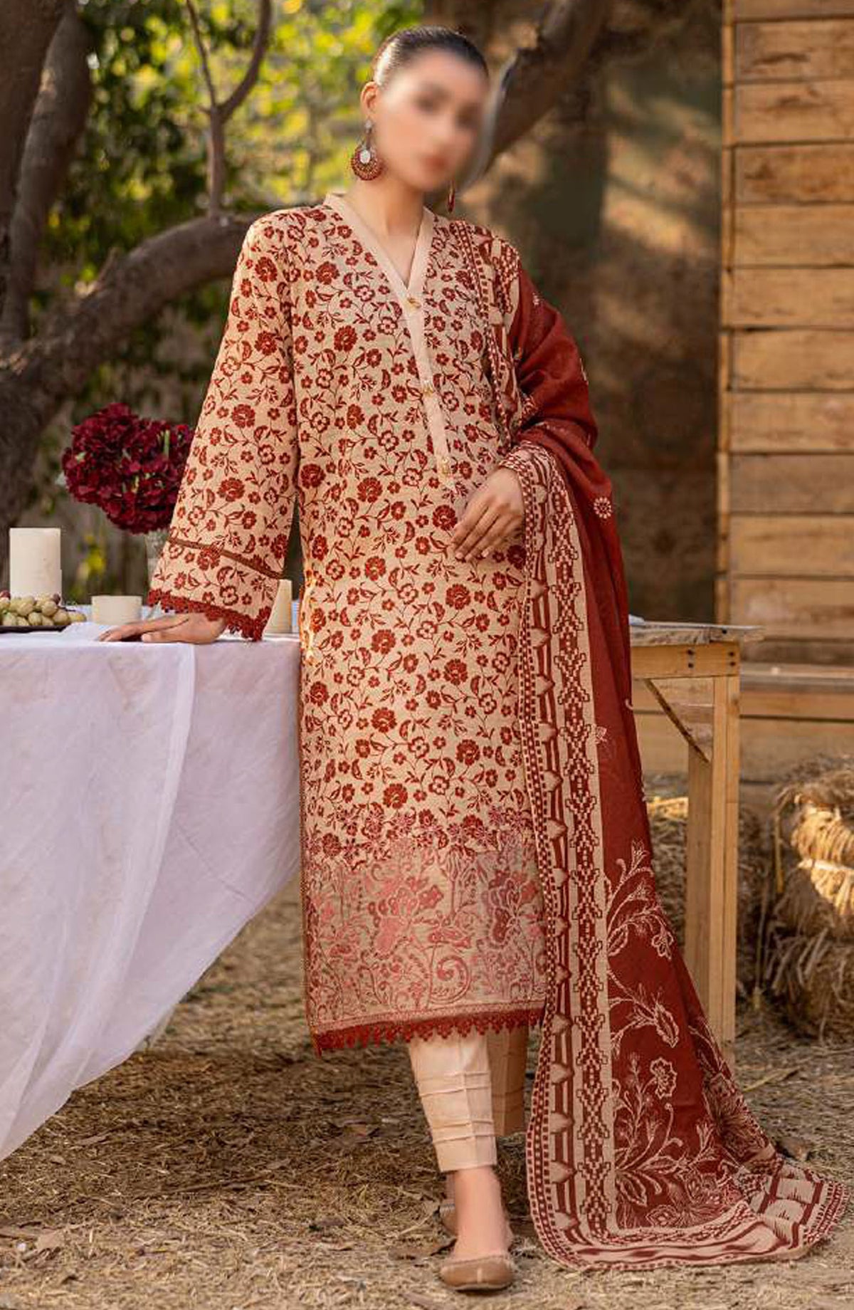 Bloom by Al Karim Embroidered Lawn Unstitched 3 Piece Suit - D-2 - ALK25BELV6 - Beige - Summer Collection