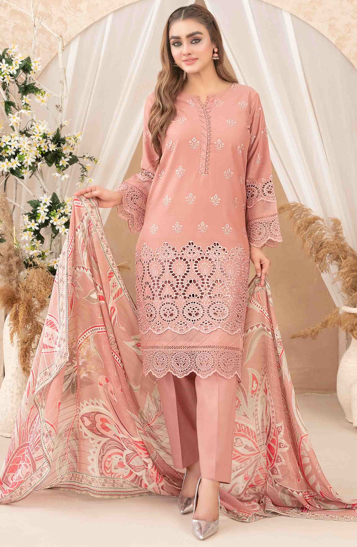 Neli by Tawakkal Fabric Embroidered Lawn Stitched 3 Piece Suit - D-3514 - TF25NSLV1 - Pink - Summer Collection