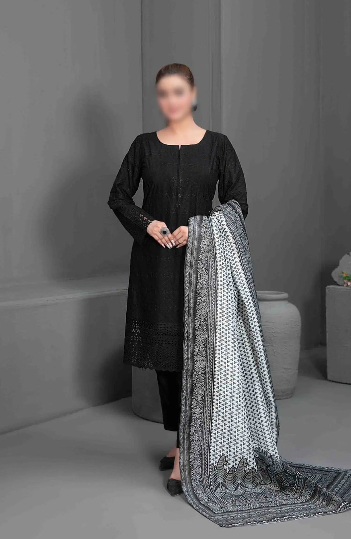 Siyah - Black Schiffli Embroidered Collection 2024 - D 3566