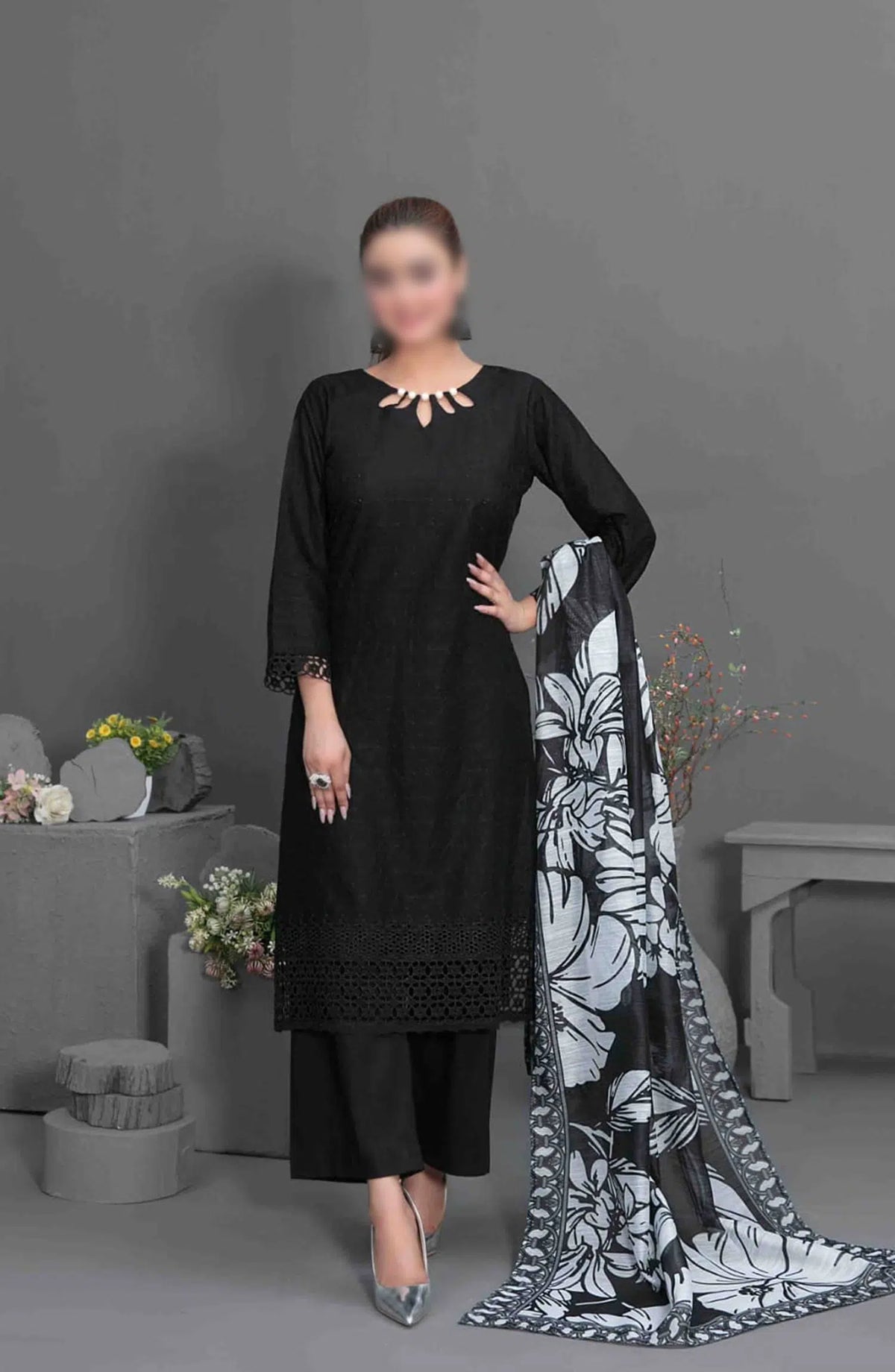 Siyah - Black Schiffli Embroidered Collection 2024 - D 3569