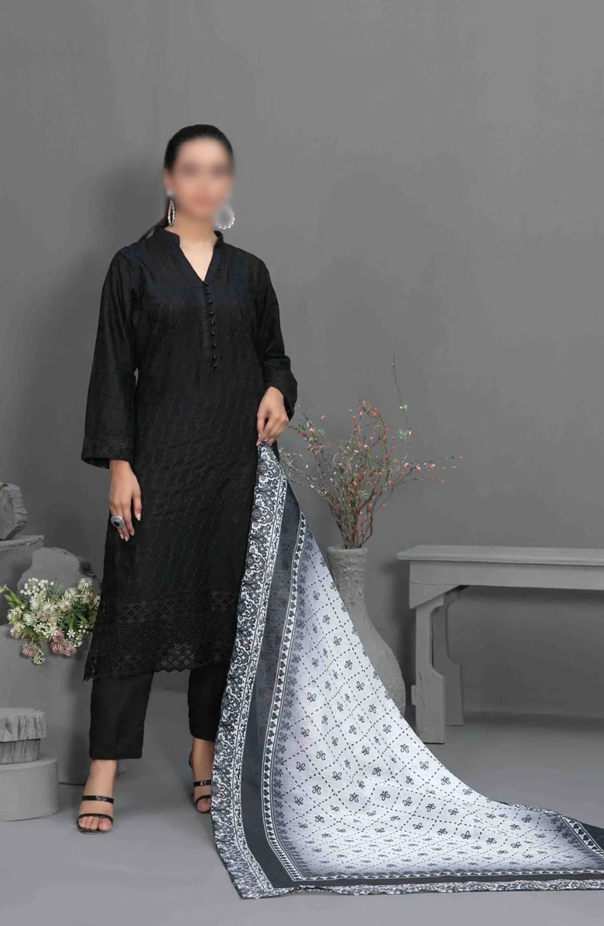 Siyah - Black Schiffli Embroidered Collection 2024 - D 3571