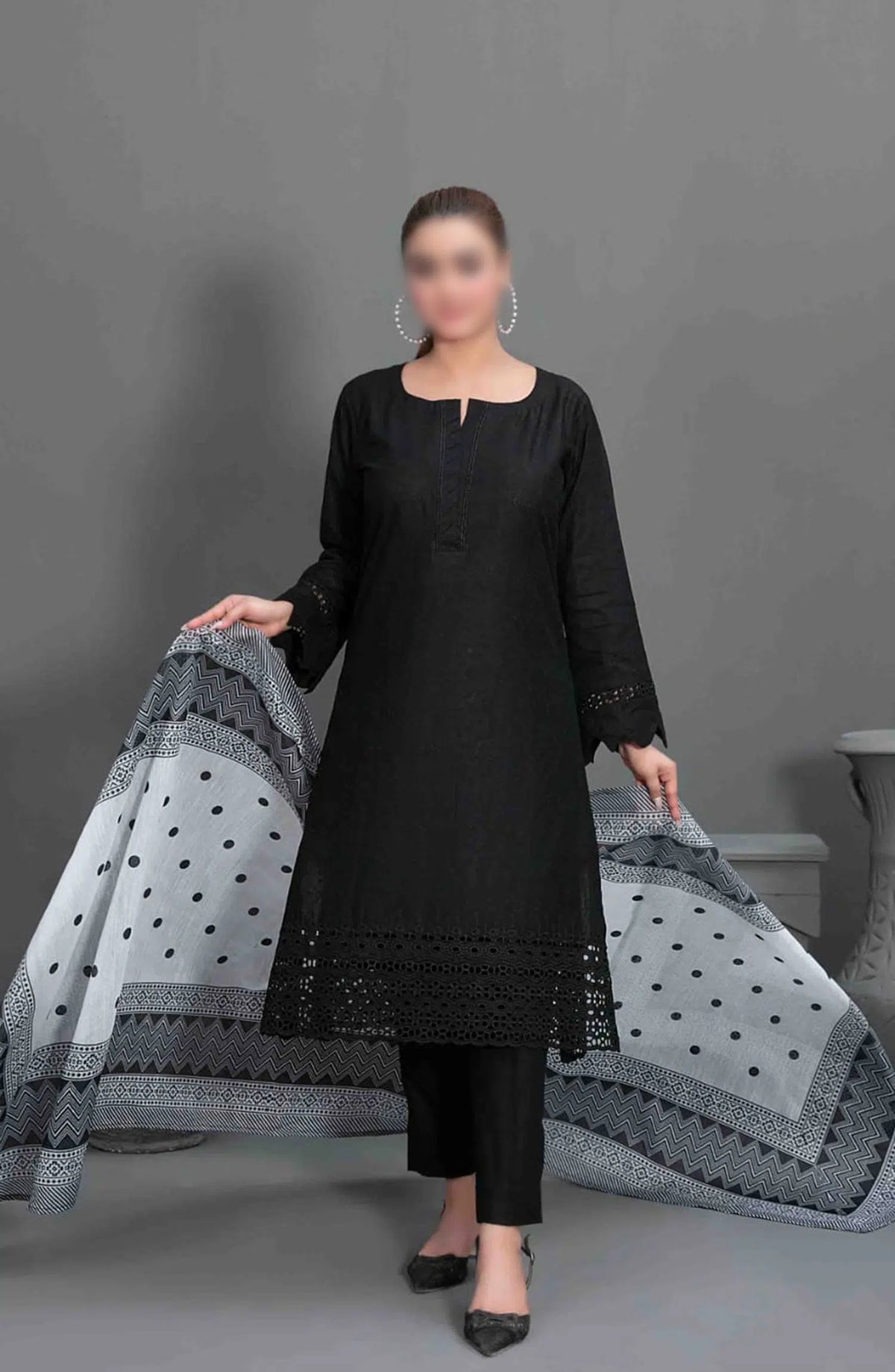 Siyah - Black Schiffli Embroidered Collection 2024 - D 3572