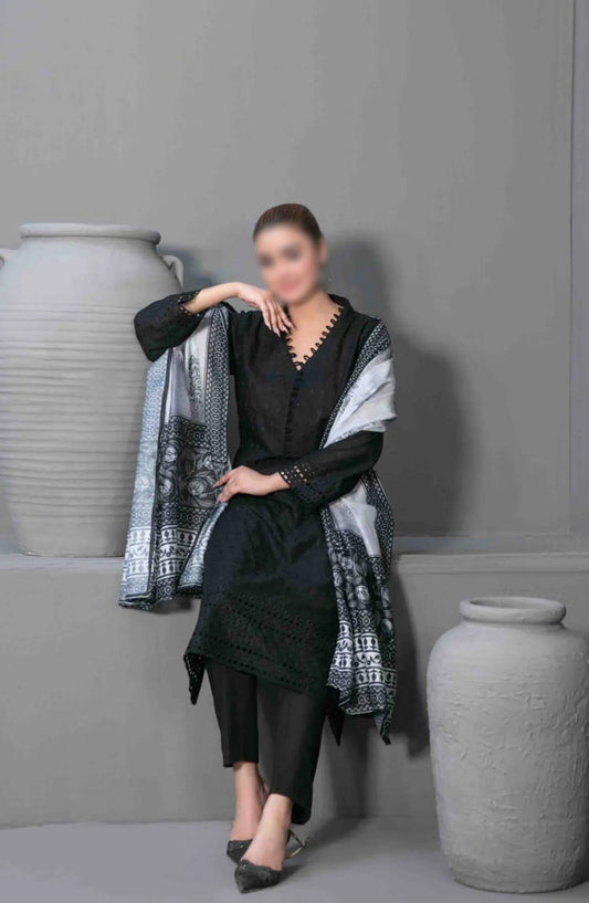 Siyah - Black Schiffli Embroidered Collection 2024 - D 3575