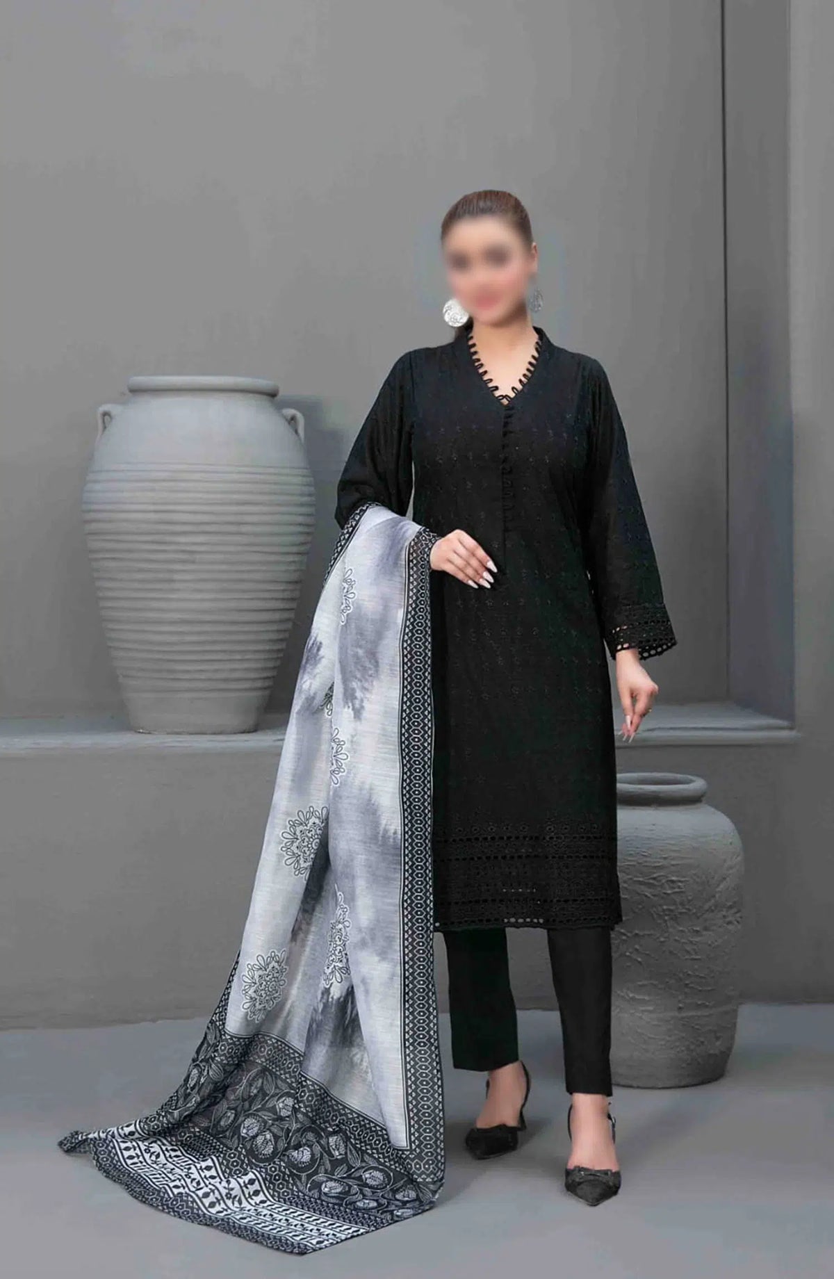 Siyah - Black Schiffli Embroidered Collection 2024 - D 3575