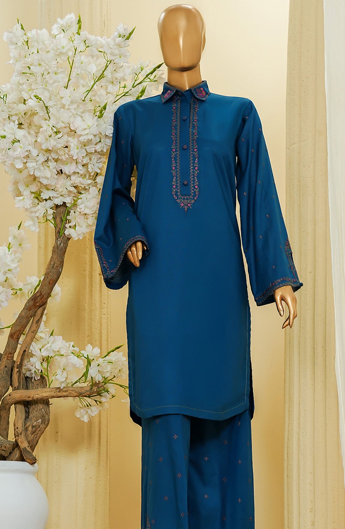 HZ Textile Embroidered Cotton Stitched 2 Piece Suit - D-4 - HZ25TNF - Blue - Festive Collection