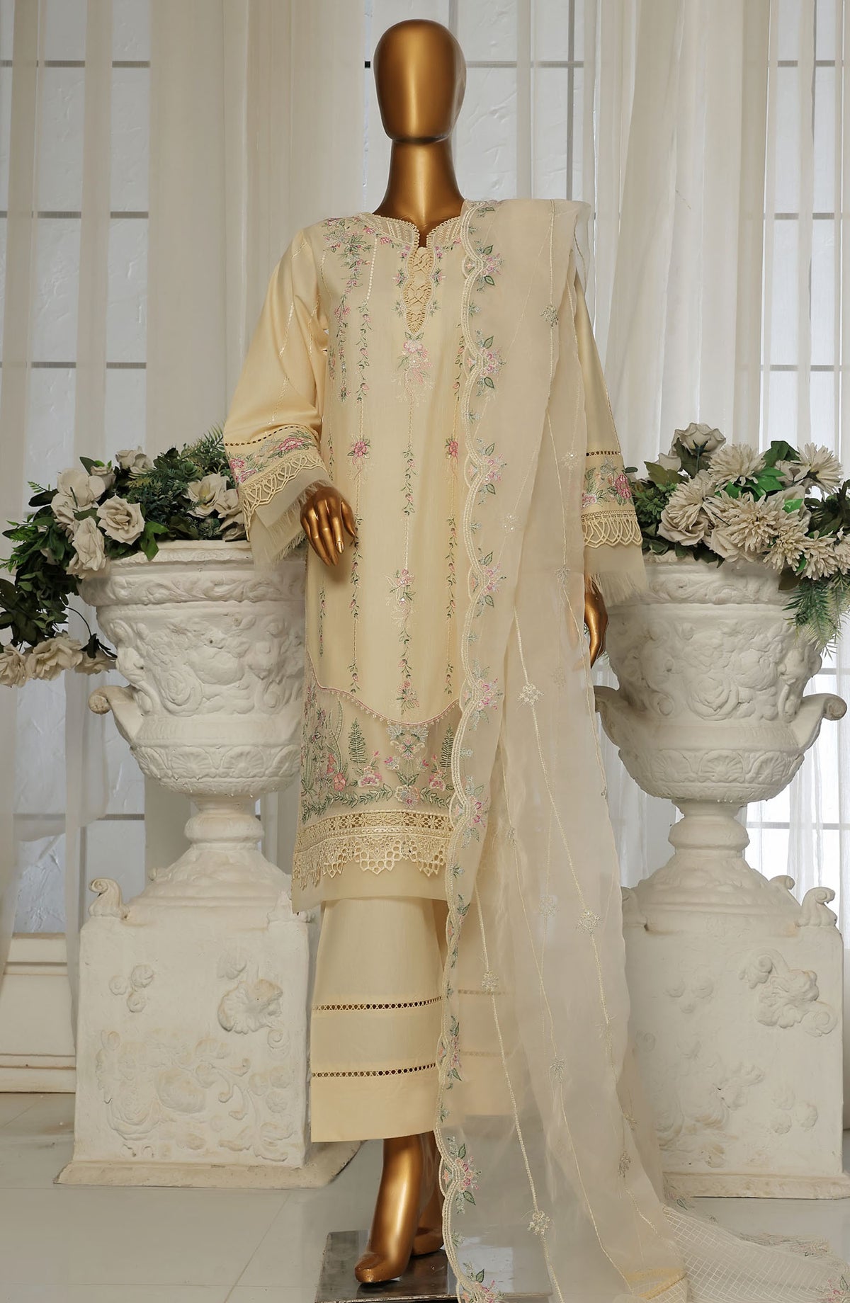 Sadabahar Embroidered Lawn Stitched 3 Piece Suit - D-4 - SDB25LESV4 - Off White - Spring Collection