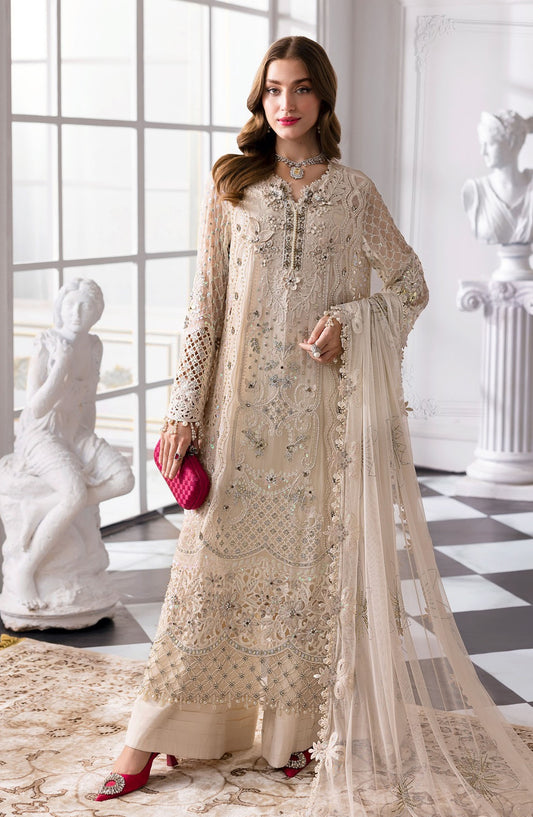 Maria B Embroidered Chiffon Unstitched 4 Piece Suit - D-7 - MB25BDF - Off White - Formal Collection