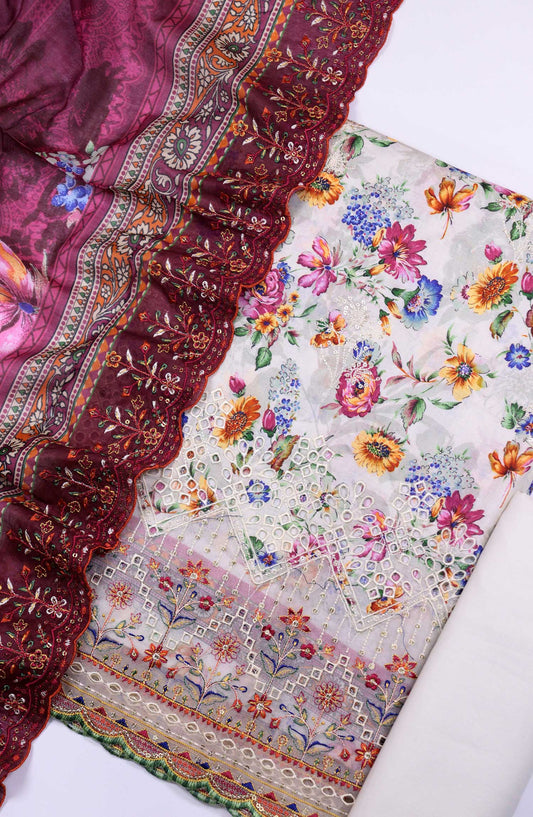 Bin Saeed Chikankari Lawn Unstitched 3 Piece - D09 - BS25PE - White - Summer Collection