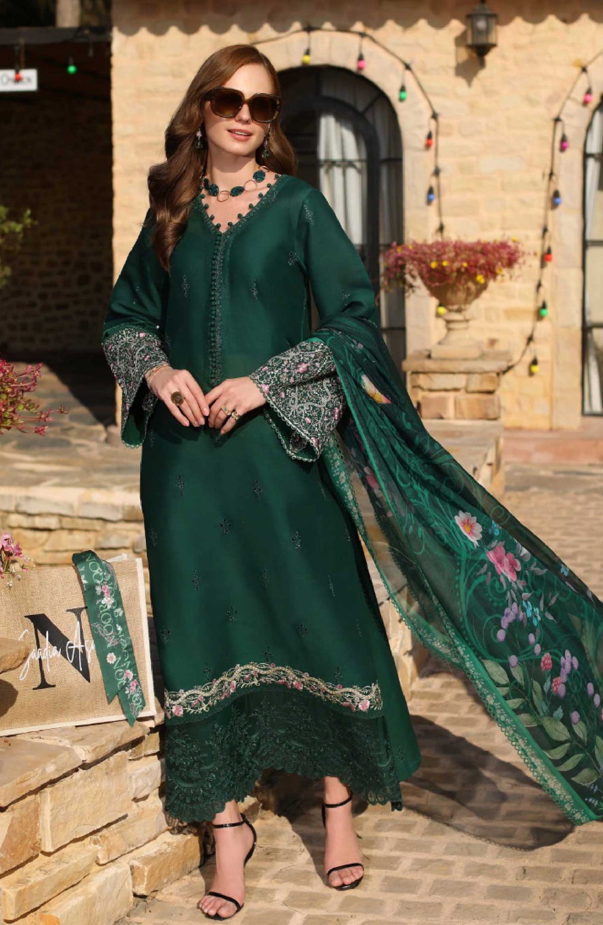 Noor by Saadia Asad Embroidered Luxe Chikankari Lawn Unstitched 3 Piece Suit - NSA25LC - D-01 A - Summer Collection