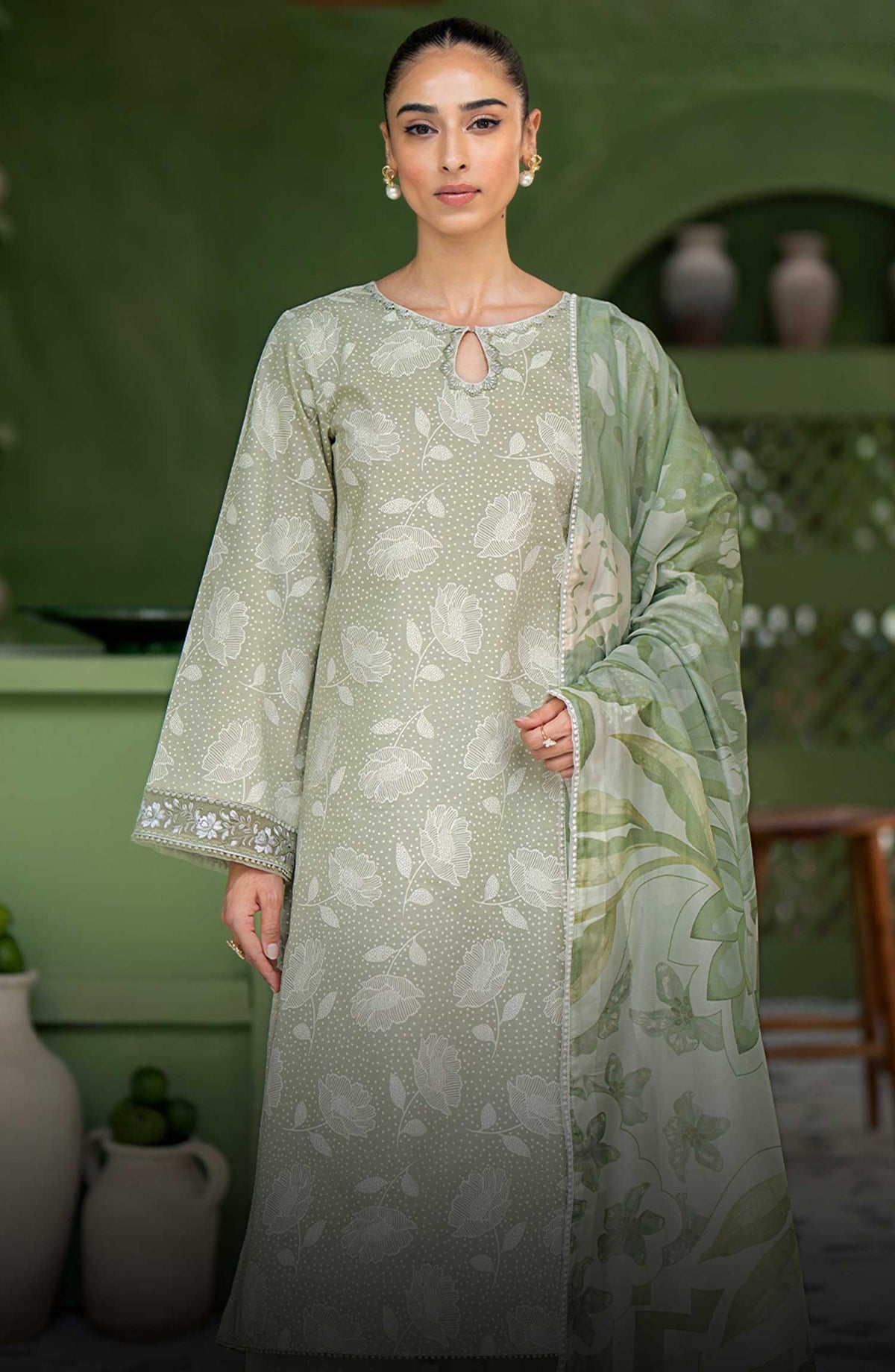 Seran Embroidered Lawn Unstitched 3 Piece - D-02 Pistache - SE25AL - Summer Collection