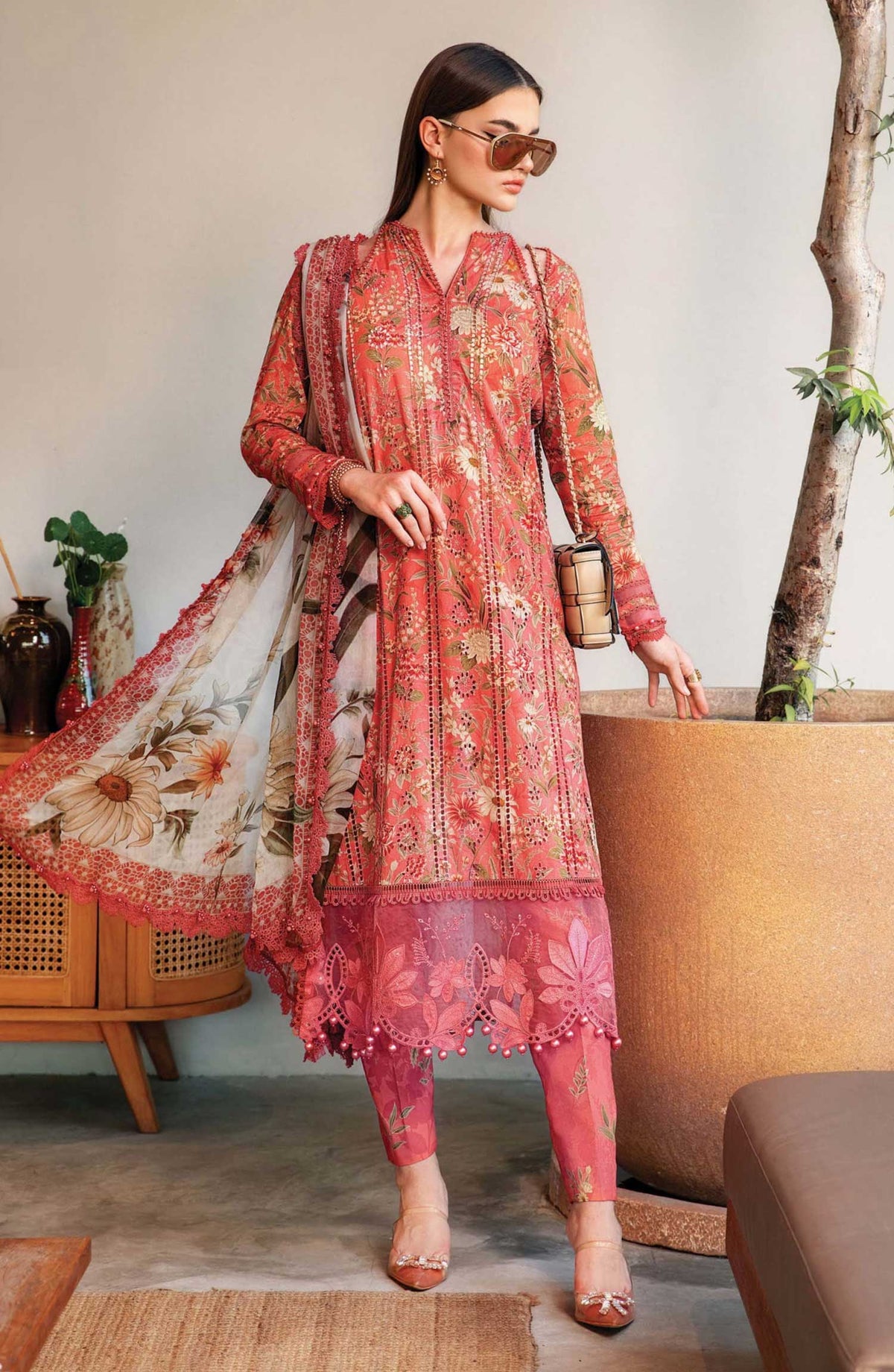 Mprints by Maria B Printed Unstitched 3 Piece Suit - D-08 A - MAB25PSS - Orange - Summer Collection