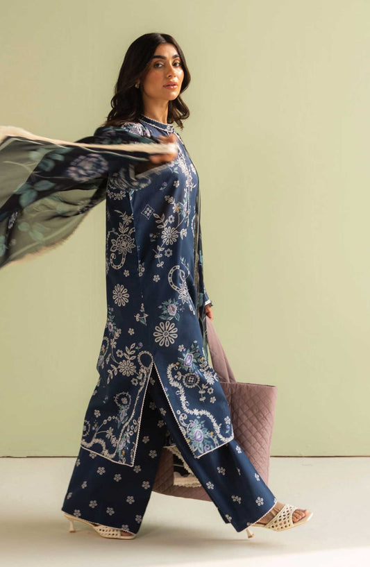 Coco Prints by Zara ShahJahan Printed Lawn Unstitched 3 Piece - D-8 A Nora - ZS25PL - Navy Blue - Summer Collection