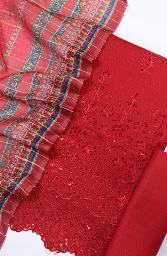 Bin Saeed Chikankari Lawn Unstitched 3 Piece - D 103 - BS25PE - Red - Summer Collection
