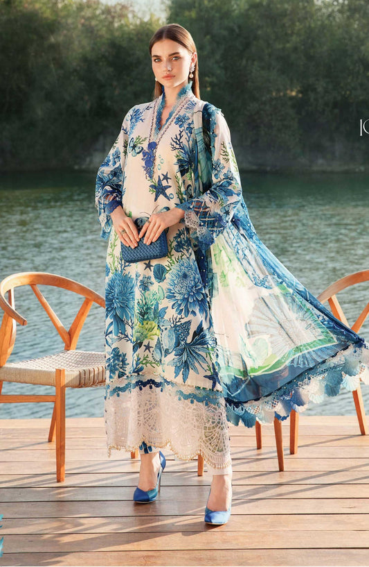 Mprints by Maria B Printed Unstitched 3 Piece Suit - D-10 B - MAB25PSS - Blue - Summer Collection