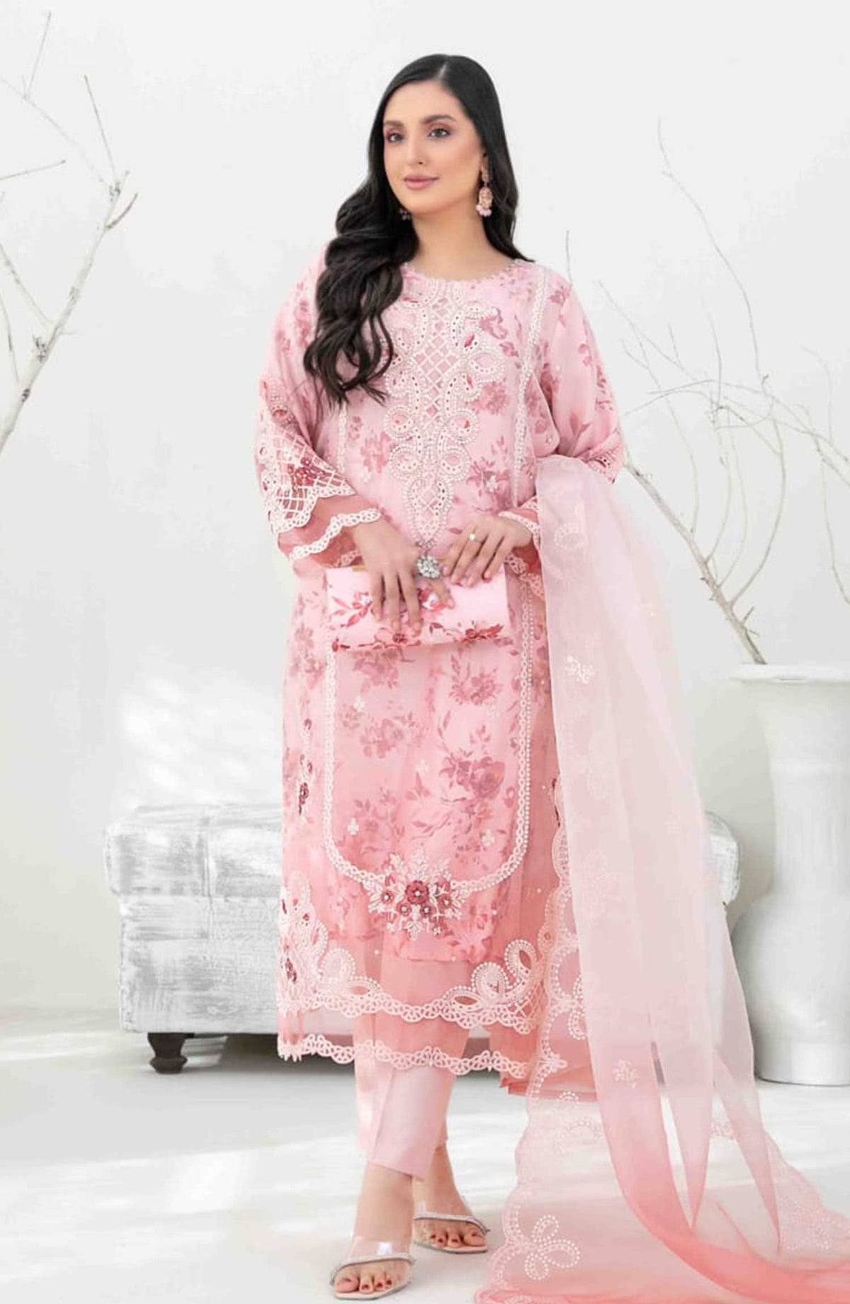 Yasna by Tawakkal Fabrics Embroidered Organza Unstitched 4 Piece - D 4029 - TF25Y - Light Pink - Festive Collection