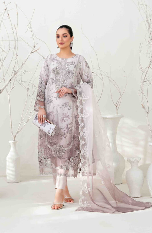 Yasna by Tawakkal Fabrics Embroidered Organza Unstitched 4 Piece - D 4031 - TF25Y - Light Grey - Festive Collection