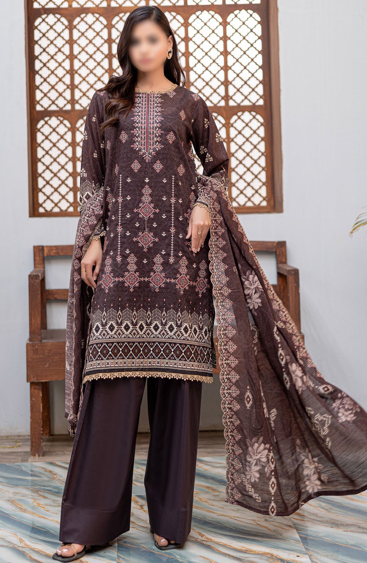 Dastak by Al Karim Embroidered Lawn Unstitched 3 Piece Suit - D-10 - ALK25DEL - Brown - Summer Collection