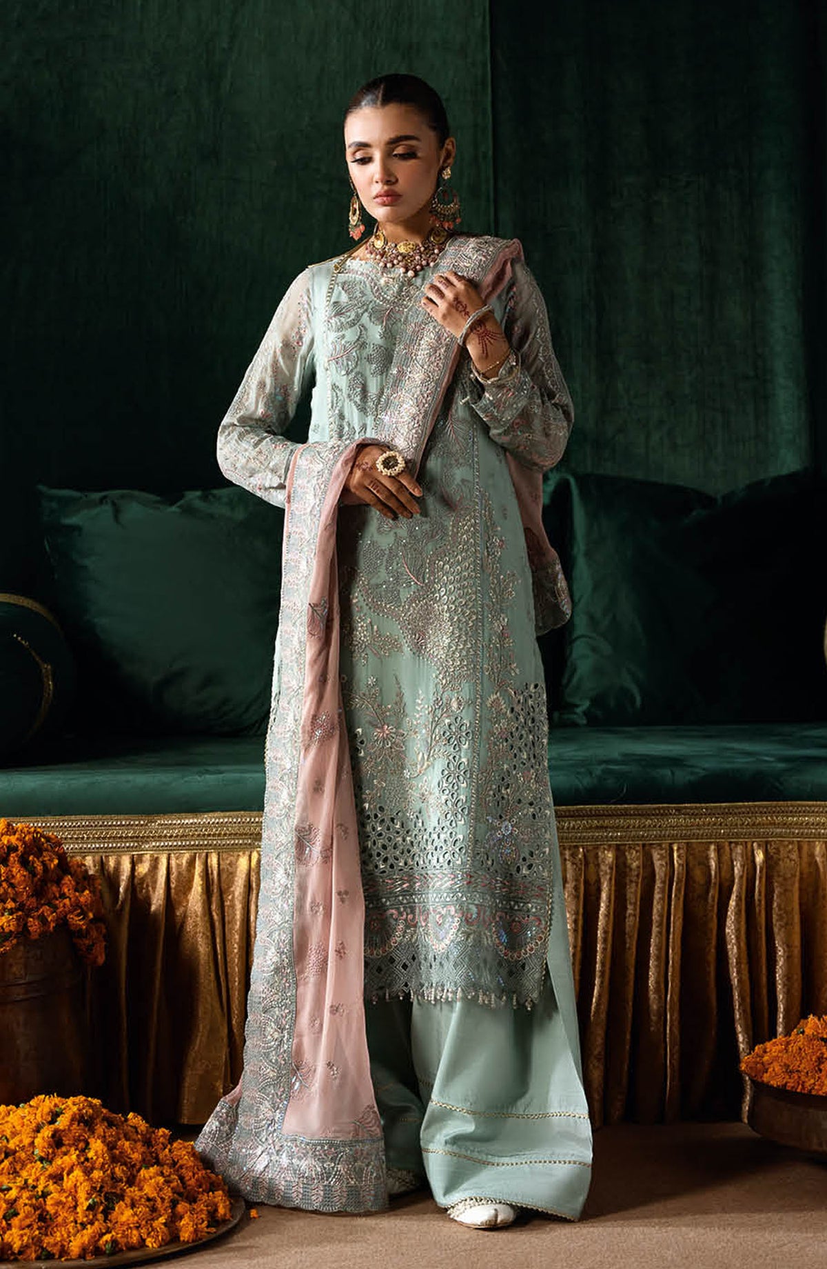Dastak by Ramsha Embroidered Chiffon Unstitched 3 Piece Suit - Q-206 - R25DFV2 - Blue - Formal Collection