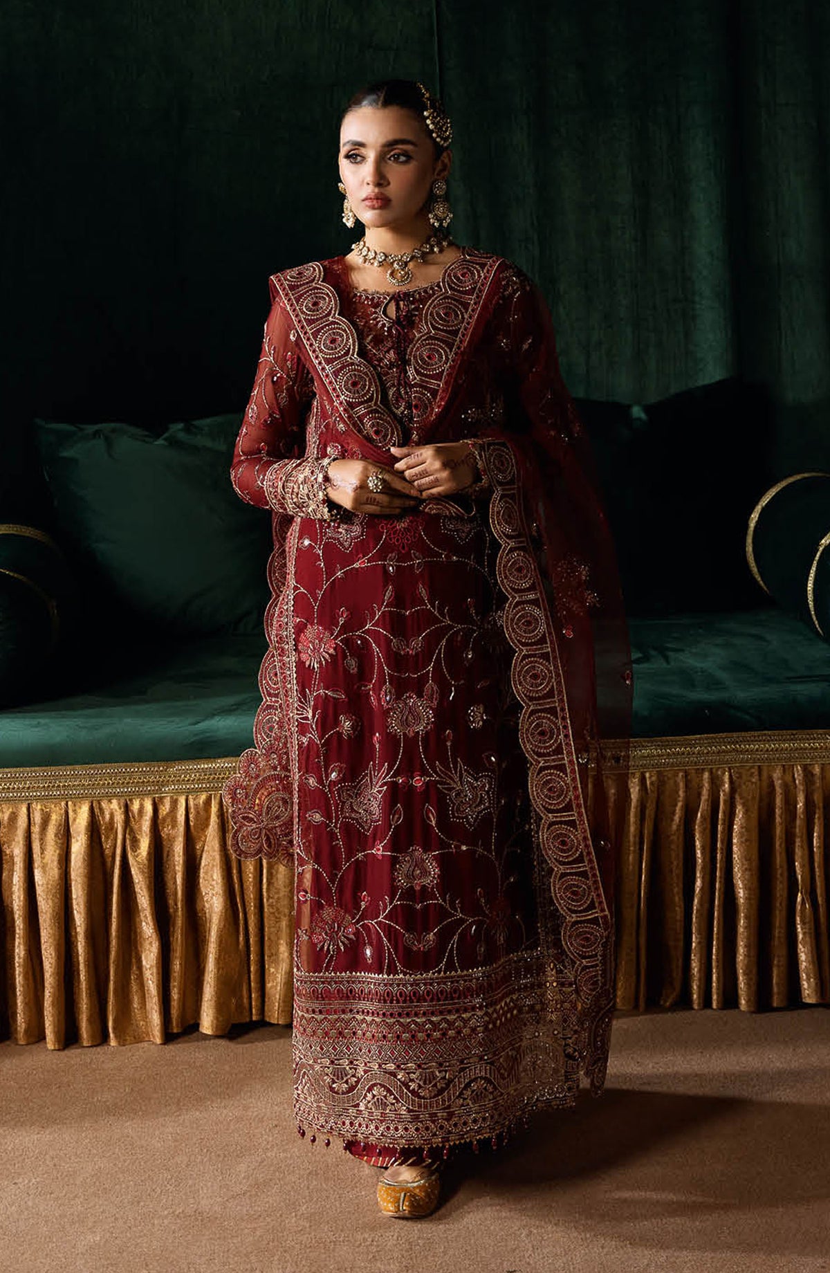 Dastak by Ramsha Embroidered Chiffon Unstitched 3 Piece Suit - Q-203 - R25DFV2 - Maroon - Formal Collection