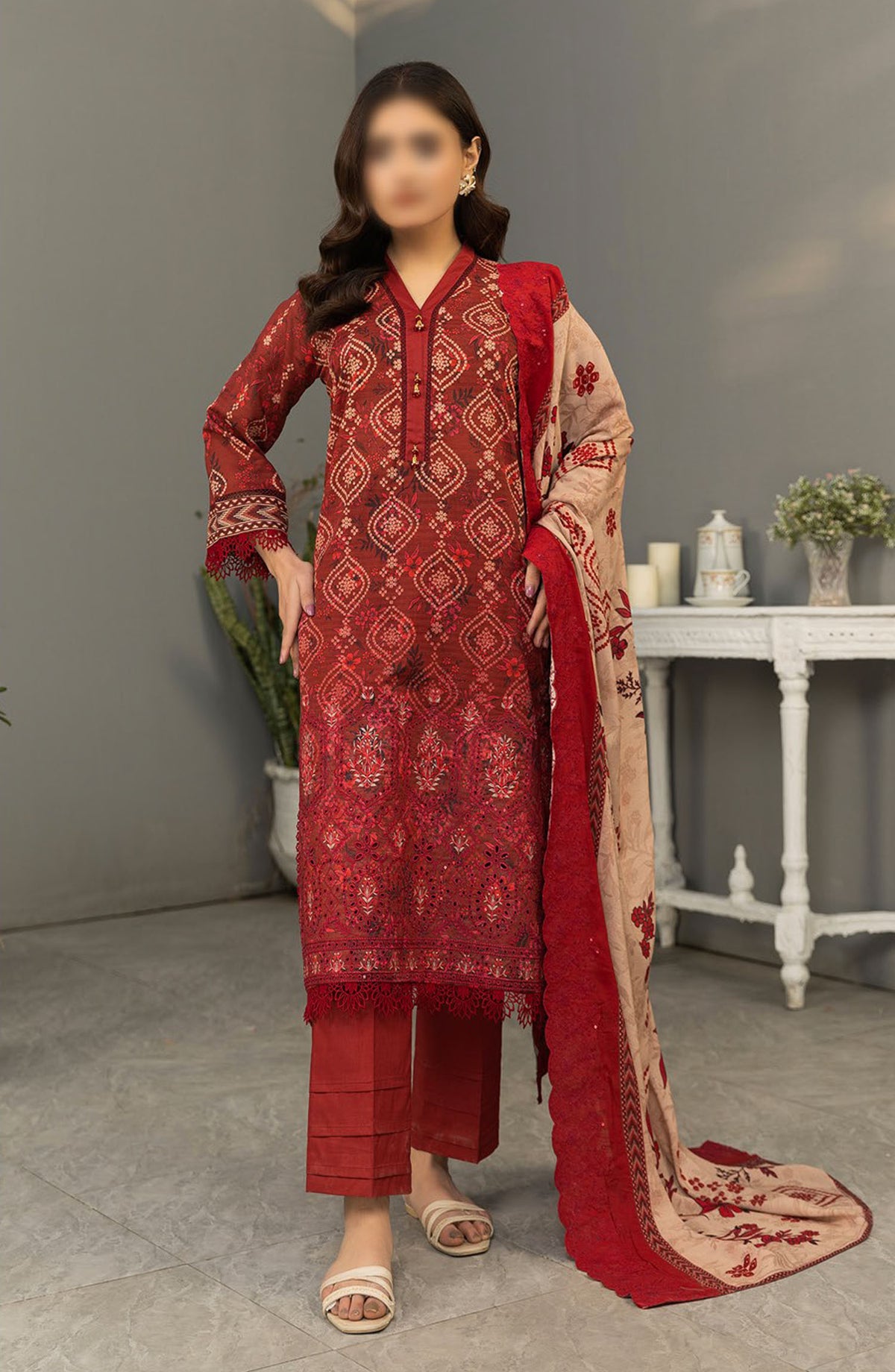 Dastak by Al Karim Embroidered Lawn Unstitched 3 Piece Suit - D-07 - ALK25DV1 - Red - Summer Collection