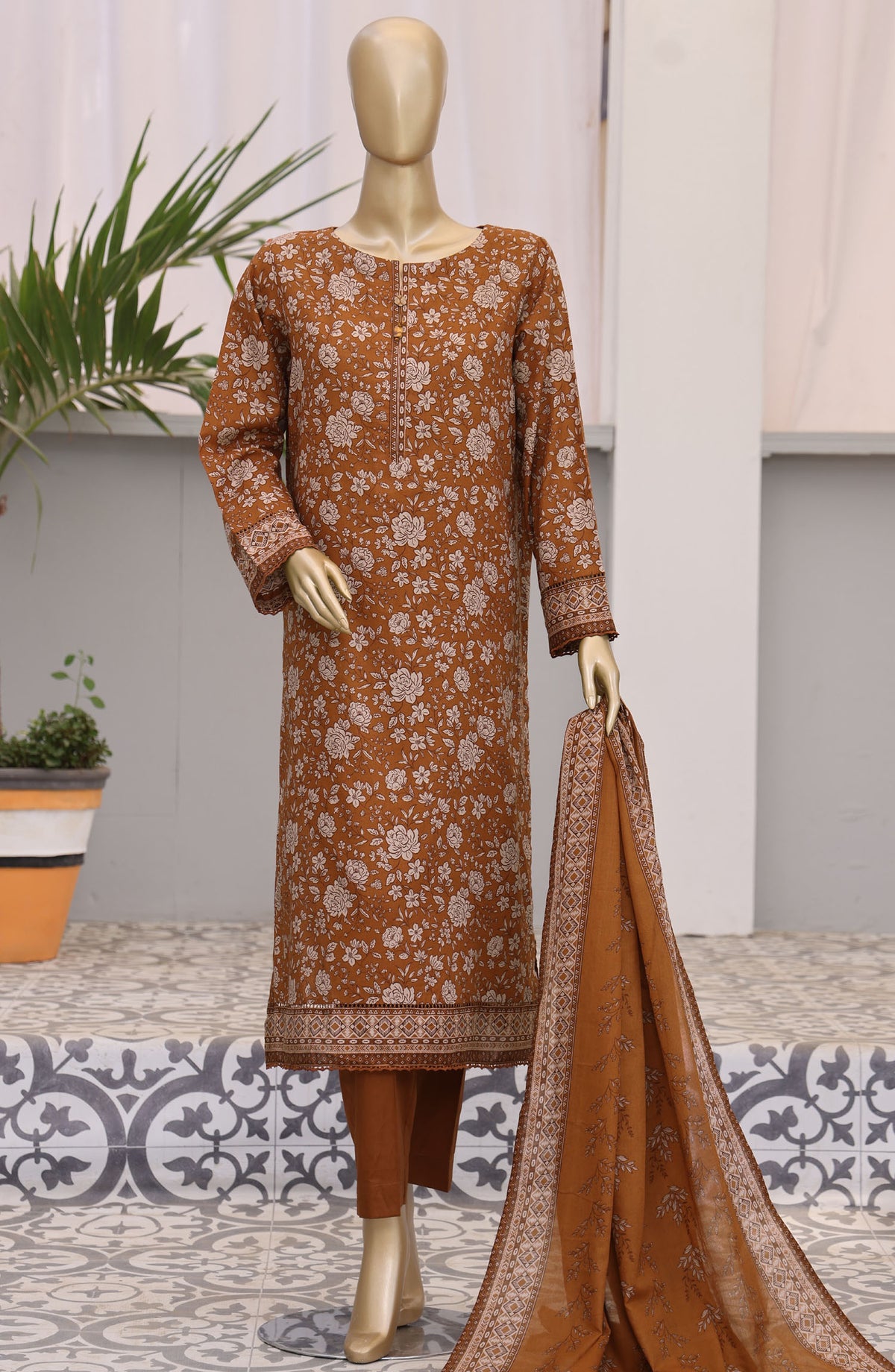 HZ Textile Embroidered Lawn Unstitched 3 Piece Suit - PDW-101B - HZ25UPDW - Brown - Summer Collection