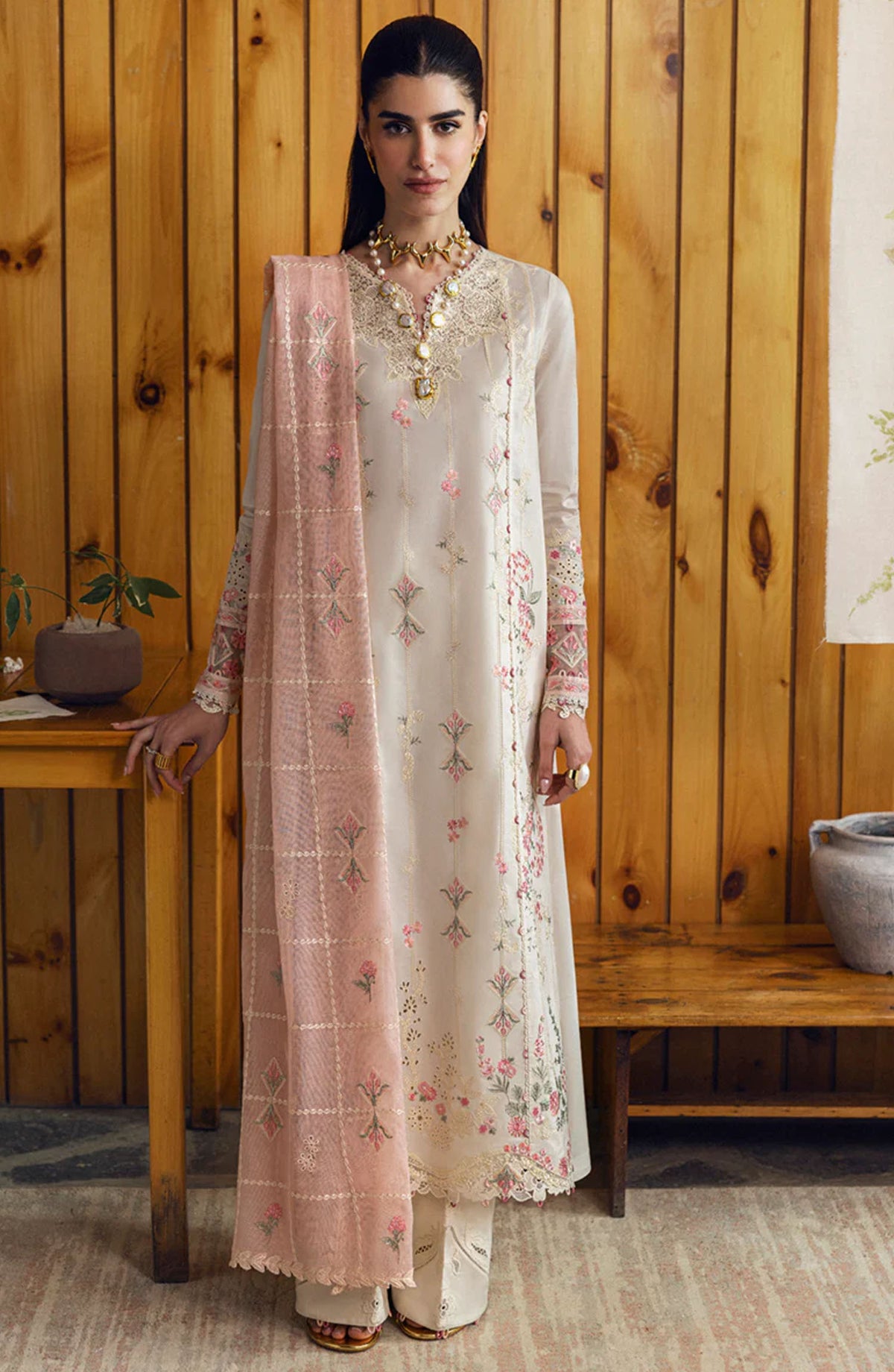 Qalamkar Chikankari Lawn Unstitched 3 Piece Suit - DC-07 Tyrah - Q25QLK - Beige - Summer Collection