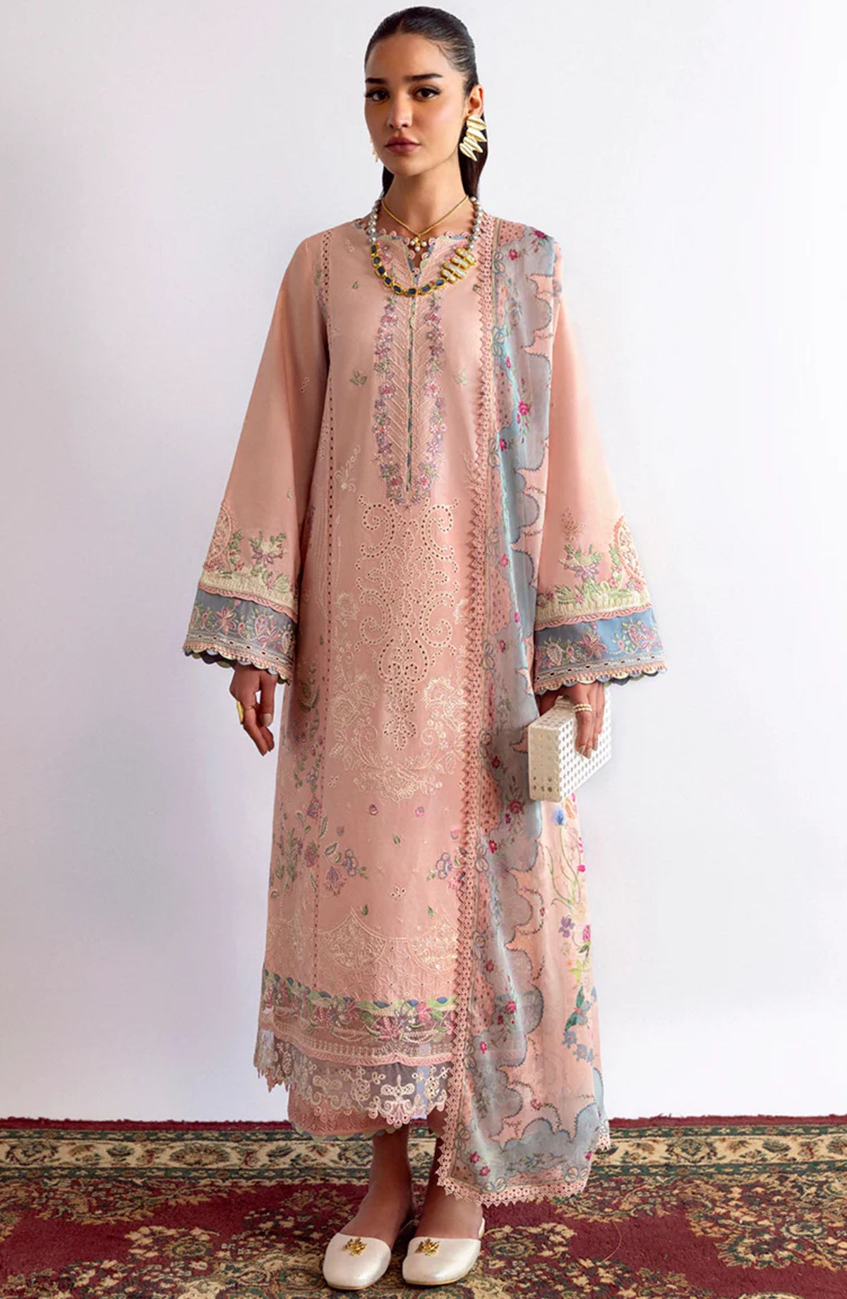 Qalamkar Chikankari Lawn Unstitched 3 Piece Suit - DC-11 Hedi - Q25QLK - Pink - Summer Collection