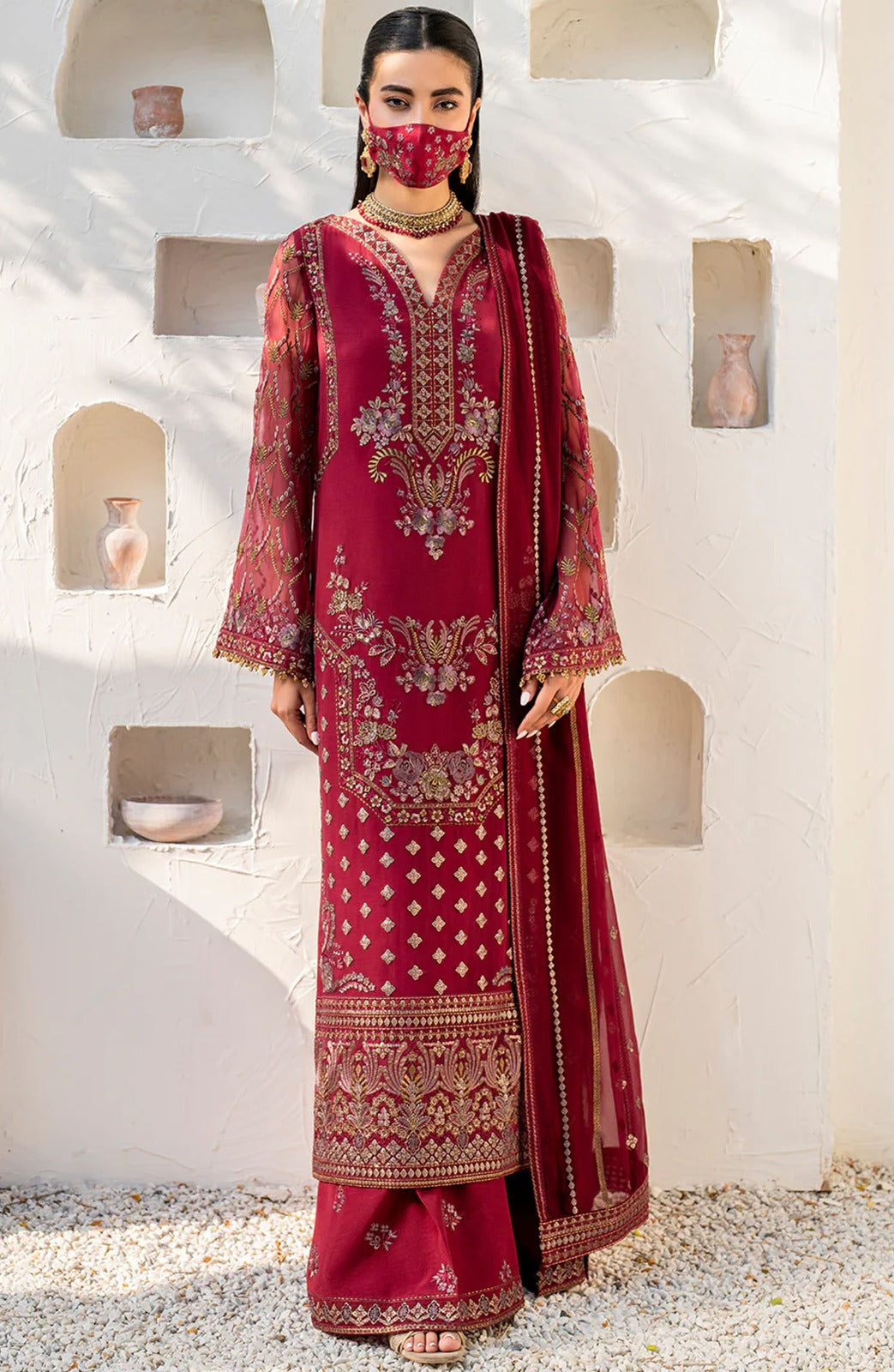 Flossie Embroidered Chiffon Unstitched 3 Piece Suit - S-1402 (A) - Red - Formal Collection