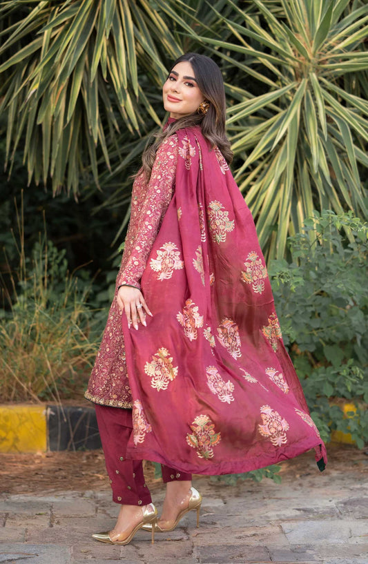 Luna Edit By Hues Atelier Printed Korean Raw Silk Stitched 3 Piece - Deep Maroon Printed Fit - HA25L - Festive Collection